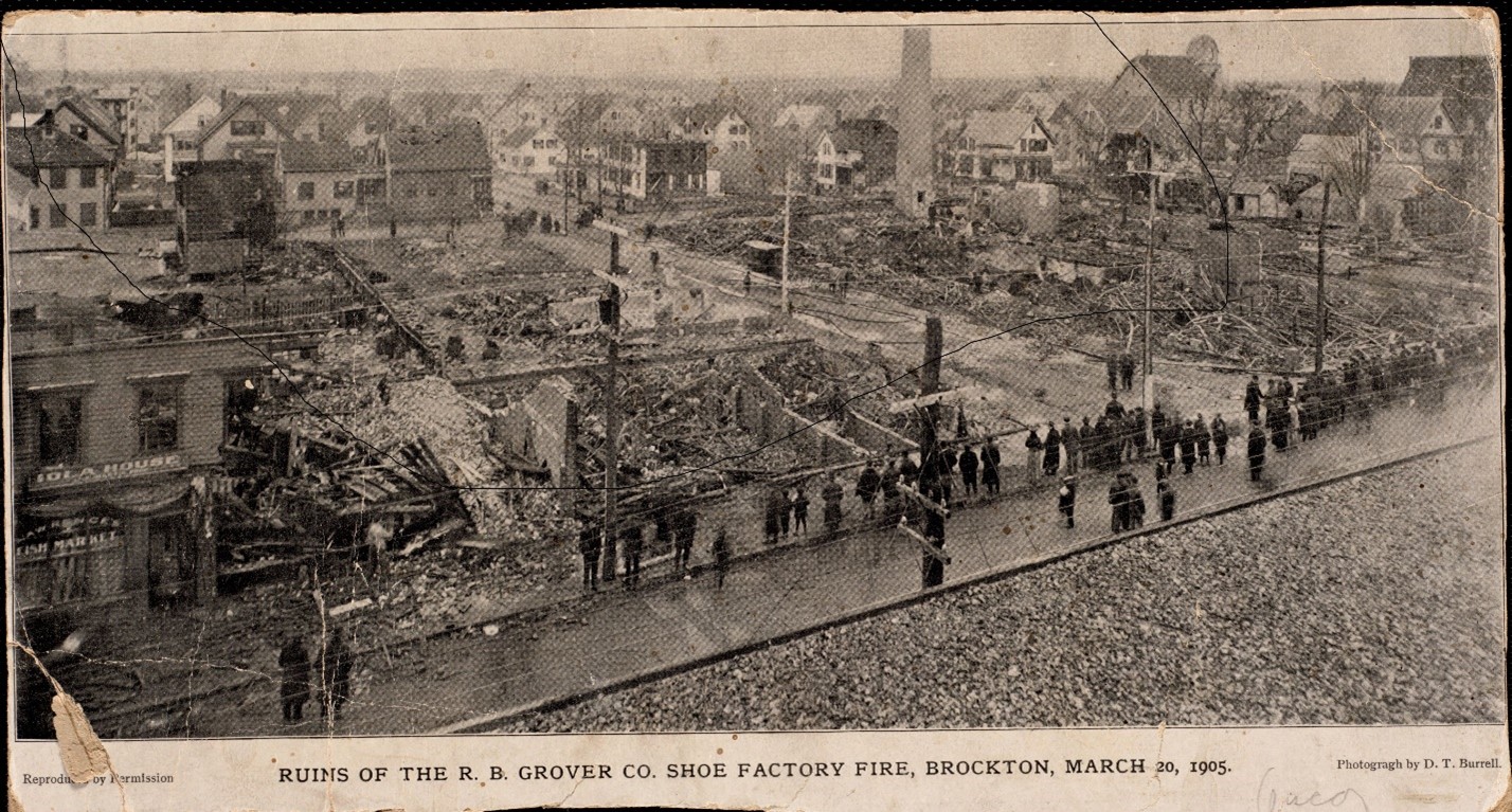 Sepia Photograph of the ruins of the R. B. Grover Shoe Factory Fire in 1905
